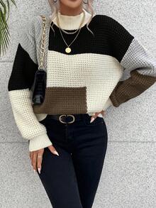 EMERY ROSE Casual Color Block Drop Shoulder Stand Collar Sweater, Autumn/Winter - Multicolor - View 5