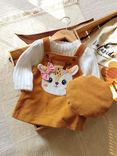 Vintaside Kids 3 件套灯芯绒艺术家贝雷帽、白色长袖 T 恤和刺绣蝴蝶结和鹿无袖背带裤幼儿女童 T 恤套装