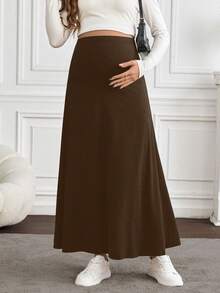 SHEIN Maternity Casual Solid Color Long Skirt, Versatile For Autumn - Mocha Brown - View 3