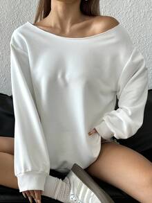 SHEIN EZwear Casual Minimalist Plus Size White Off Shoulder Loose Long Sleeve Hoodie Sweatshirt For Women, Autumn/Winter