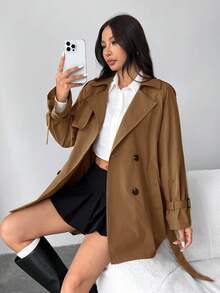 SHEIN EZwear 大码女式插肩袖腰带翻领休闲风衣秋冬女装 - 駝色 - 查看 5