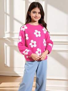 SHEIN 女大童花卉圖案落肩袖套頭毛衣