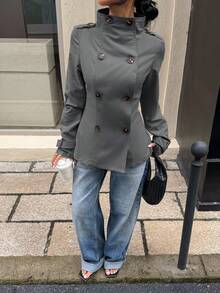 Muchica 女士纯色双排扣风衣，时尚通勤，秋季 - 灰色 - 查看 4