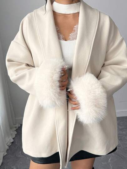 Dazy Plus Plus Size Women V-Neck Tie Waist Elegant Loose White Banquet Thick Coat, Autumn/Winter Jacket