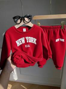 SHEIN 2 件套儿童休闲运动针织字母印花长袖羊毛运动衫和慢跑裤运动服，适合秋冬季 - 酒紅色 - 查看 6