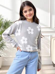 SHEIN Tween Girls Floral Pattern Round Neck Drop Shoulder Long Sleeve Casual Knit Sweater, Autumn/Winter