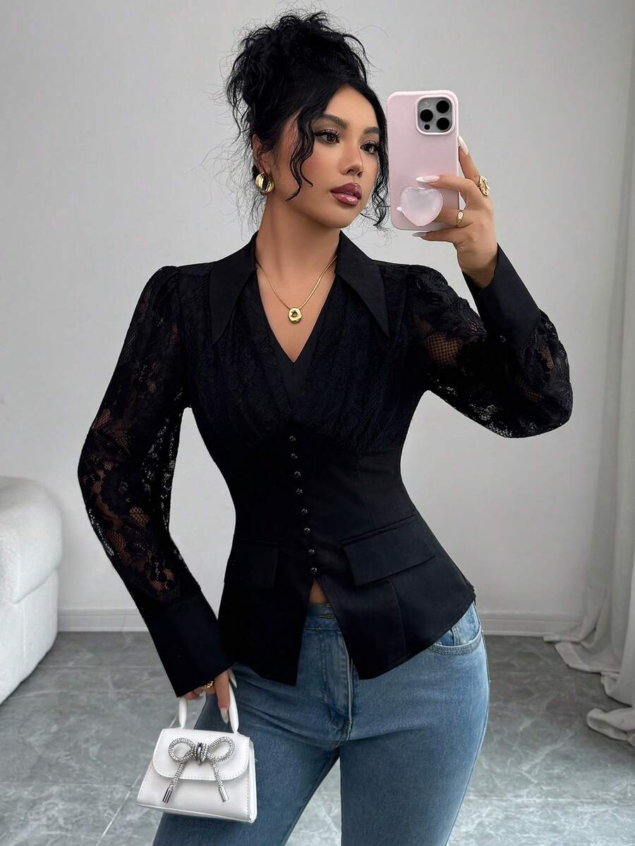 SHEIN LUNE Women's Vintage Elegant Woven Patchwork Lace V-Neck Ruched Waist Long Sleeve Blouse, Ladies Outerwear Suitable For Business Commute, Work Attire - Black - View 1