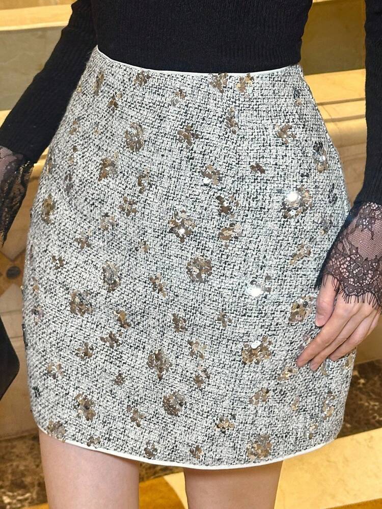Elegant Plaid Sequin Skirt, Slim Fit Casual Office Wear, Shiny Sequin Decor, Suitable For Wedding, Party, Banquet, Autumn/Winter New Years Women Carnival