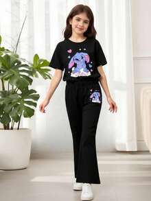 女童可爱兔子卡通印花圆领短袖T恤和紧身针织喇叭裤黑色可爱两件套 - 黑色 - 查看 1