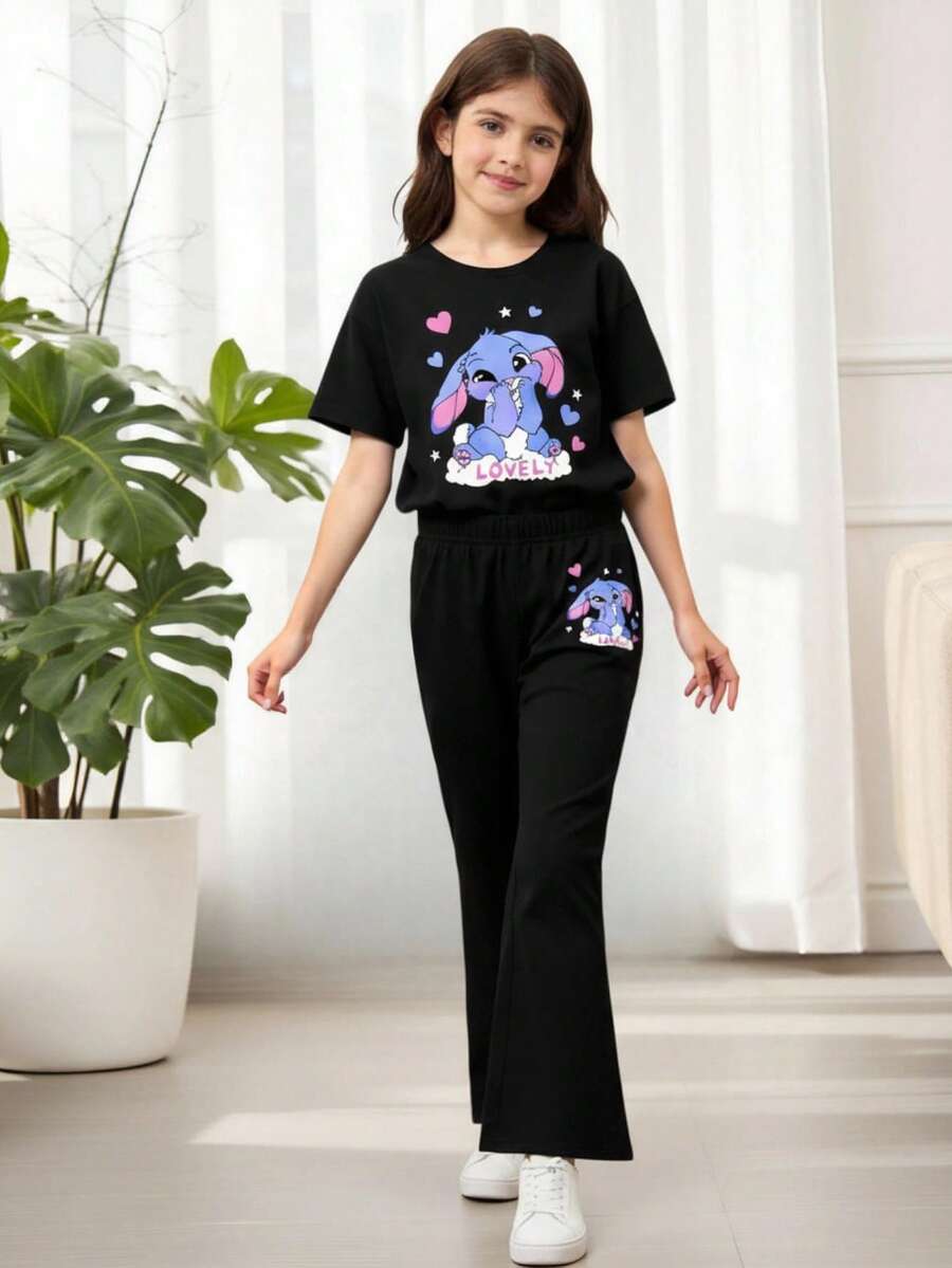 女童可爱兔子卡通印花圆领短袖T恤和紧身针织喇叭裤黑色可爱两件套 - 黑色 - 查看 1