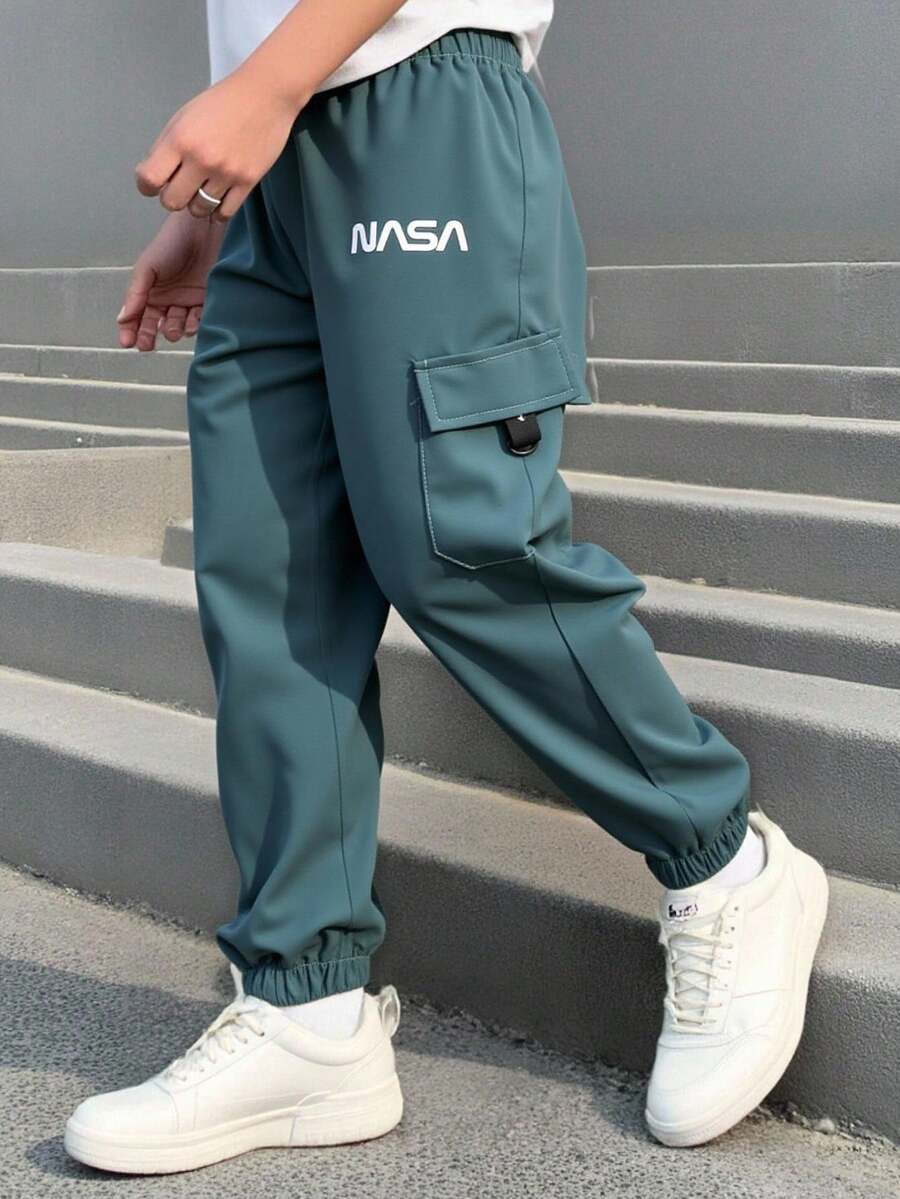 SHEIN Young Boy Letter Print Cargo Pocket Casual Jogger Pants, Windbreaker Pants, Baggy Pants, Green Cargo Pants,Winter Clothes,Christmas - Dusty Blue - View 1