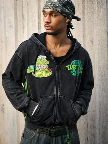 ROMWE MEN TEENAGE MUTANT NINJA TURTLES | ROMWE Men's Casual Turtle Print Washed Zip-Up Hooded Sweatshirt, Autumn - Black - View 5
