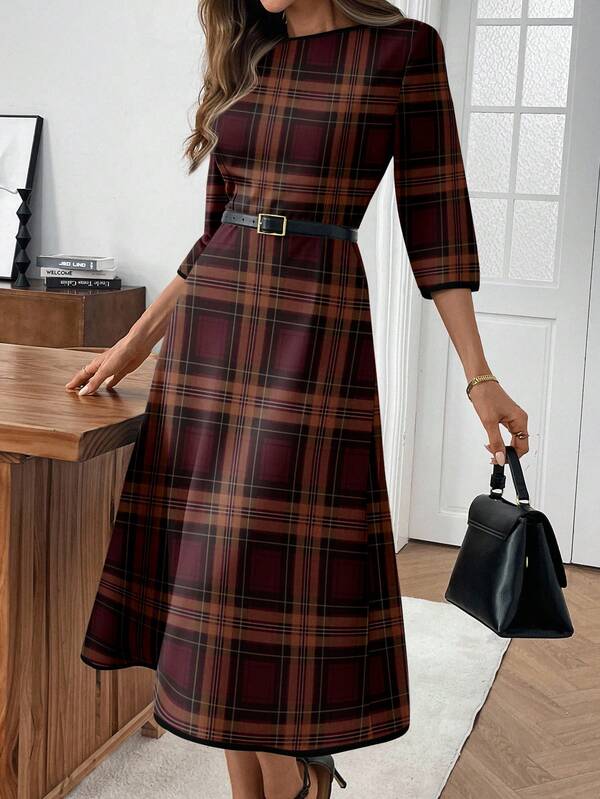 EMERY ROSE Women's Plaid Round Neck 3/4 Sleeve Elegant Mid-Length Dress Checkered Dress Autumn Dress Plaid Dress Women Teacher Dresses For Woman,Fall,Fall Clothes For Women