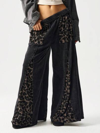 Bohemela Plus Size Casual Everyday Leopard Print Patchwork Elastic Waist Wide Leg Pants