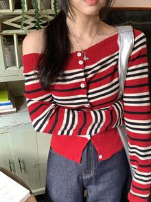 DAZY Women's Striped Contrast Color Casual Long Sleeve Off Shoulder Sweater Fall,Winter - Burgundy - View 6