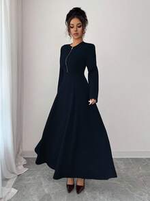 Elenzga Women's Elegant Coffee Brown Round Neck Front Zipper High-End Design Waist Fitted Flared Long Sleeve Midi Dress, Suitable For Commuting In Autumn - Navy Blue - View 5