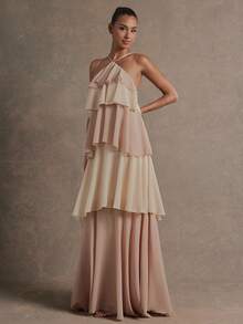 L'Amorae 女式拼色荷叶边下摆优雅长款露背连衣裙 - 彩色 - 查看 3