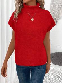 EMERY ROSE Women's Casual Solid Color Turtleneck Knit Vest, Autumn/Winter - Red - View 6