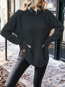 EMERY ROSE Casual Raglan Sleeve High Neck Curved Hem Sweater, Autumn/Winter - Dark Grey - View 6