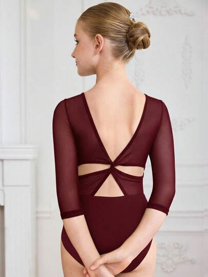 SHEIN Leotardo de ropa deportiva para niñas preadolescentes, adecuado para ballet, vuelta al colegio, entrenamiento, uso casual. Manga larga, malla de moda, alta elasticidad y comodidad para ropa deportiva de baile