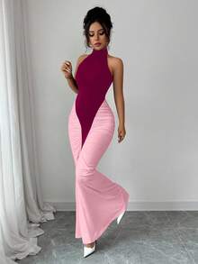 Elenzga 女式黑白拼色露背收腰鱼尾下摆优雅连衣裙，适合通勤和日常穿着 - 彩色 - 查看 3