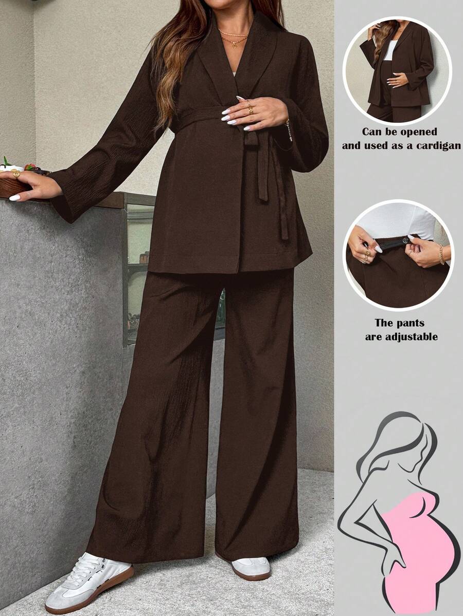 SHEIN 2pcs Maternity Casual Commuter Solid Color Shirt And Pants Set, Autumn Wide Leg Pants Set Brown Set Women Pants Suits For Woman Maternity Clothes Two Piece Suits Pants Suit - Coffee Brown - View 1