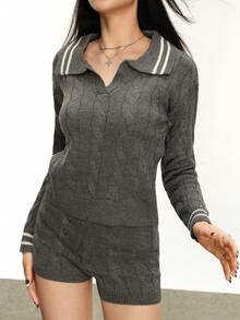 Rina Fox 女士秋冬麻花针织扭纹条纹领毛衣和针织短裤套装 - 灰色 - 查看 5