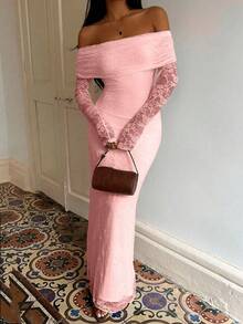 SHEIN Unity Elegant Lace Off-Shoulder Solid Color Dress For Wedding, Christmas Party, And Formal Occasions - Baby Pink - View 7