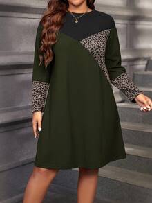 EMERY ROSE Plus Size Casual Patchwork Leopard Print Knit Dress,Autumn Dark Green Long Sleeve Everyday Smart Casual Women Olive Cheetah Print Fall Dresses - Dark Green - View 1