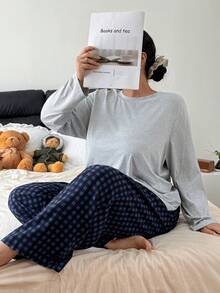 SHEIN 大码女式宽松休闲圆领长袖上衣和格子印花长裤睡衣套装，女式圆领睡衣，宽松柔软睡衣套装，秋季睡衣，女式家居服，舒适冬季套装 - 彩色 - 查看 4