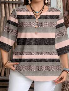 EMERY ROSE Plus Size Women's Casual Boho Pink And Grey Striped Print Shirt,Elegant Summer Vacation Quarter Sleeve Tops,Minimalist Shiny Black & Pink Tops,Flower - Multicolor - View 5