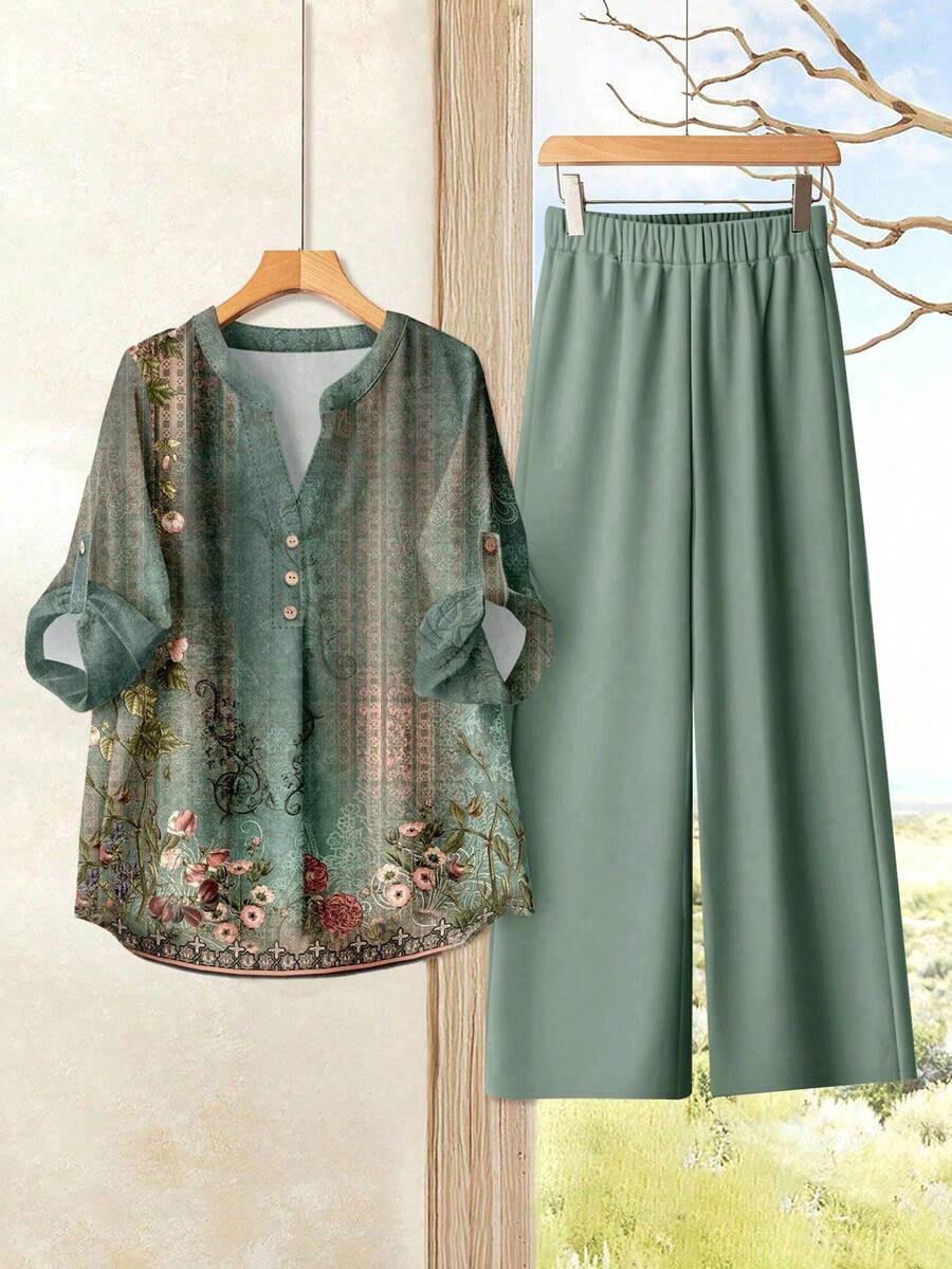 EMERY ROSE 2pcs/Set Women Green Floral Retro Print Cuffed Sleeve Blouse With Pants, Elegant Style, Spring/Autumn, Gift For Mom, Teacher, Fall Autumn And Winter