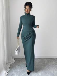 SHEIN Elenzya 女式纯色高领长袖 T 恤和褶皱美人鱼下摆半身裙两件套，优雅合身 - 墨綠色 - 查看 7