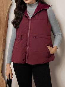 Zelara 大码女式抽绳腰带保暖内衬休闲宽松无袖连帽外套，秋冬款 - 酒紅色 - 查看 6