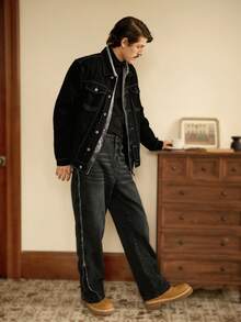 RivetRise Men's Basic Black Denim Jacket, Casual Autumn Jacket - Black - View 2
