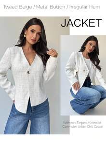 Firerie Women's Elegant White Tweed Short Jacket,Autumn Office V-Neck Metal Buckle Asymmetric Hem Long Sleeve Elegant Minimalist Commuter Urban Chic Casual - White - View 2