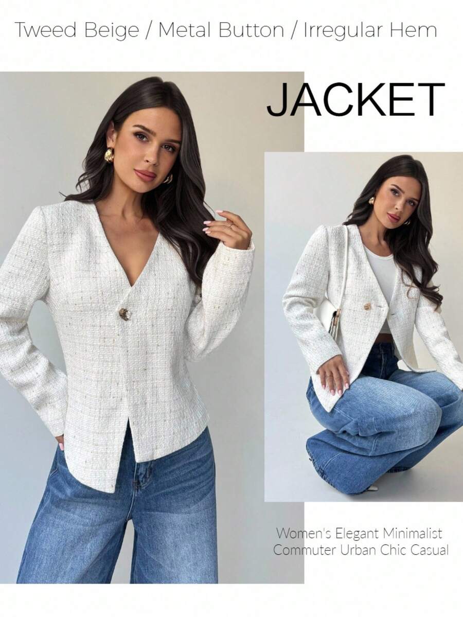 Firerie Women's Elegant White Tweed Short Jacket,Autumn Office V-Neck Metal Buckle Asymmetric Hem Long Sleeve Elegant Minimalist Commuter Urban Chic Casual