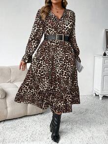 Elenzga 大码女式秋冬时尚休闲 V 领碎花长款束腰连衣裙，修身廓形长款女装 - 彩色 - 查看 1