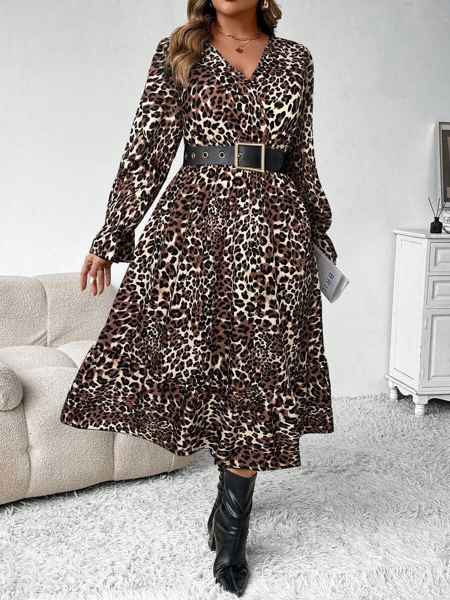 Elenzga 大码女式秋冬时尚休闲 V 领碎花长款束腰连衣裙，修身廓形长款女装 - 彩色 - 查看 1