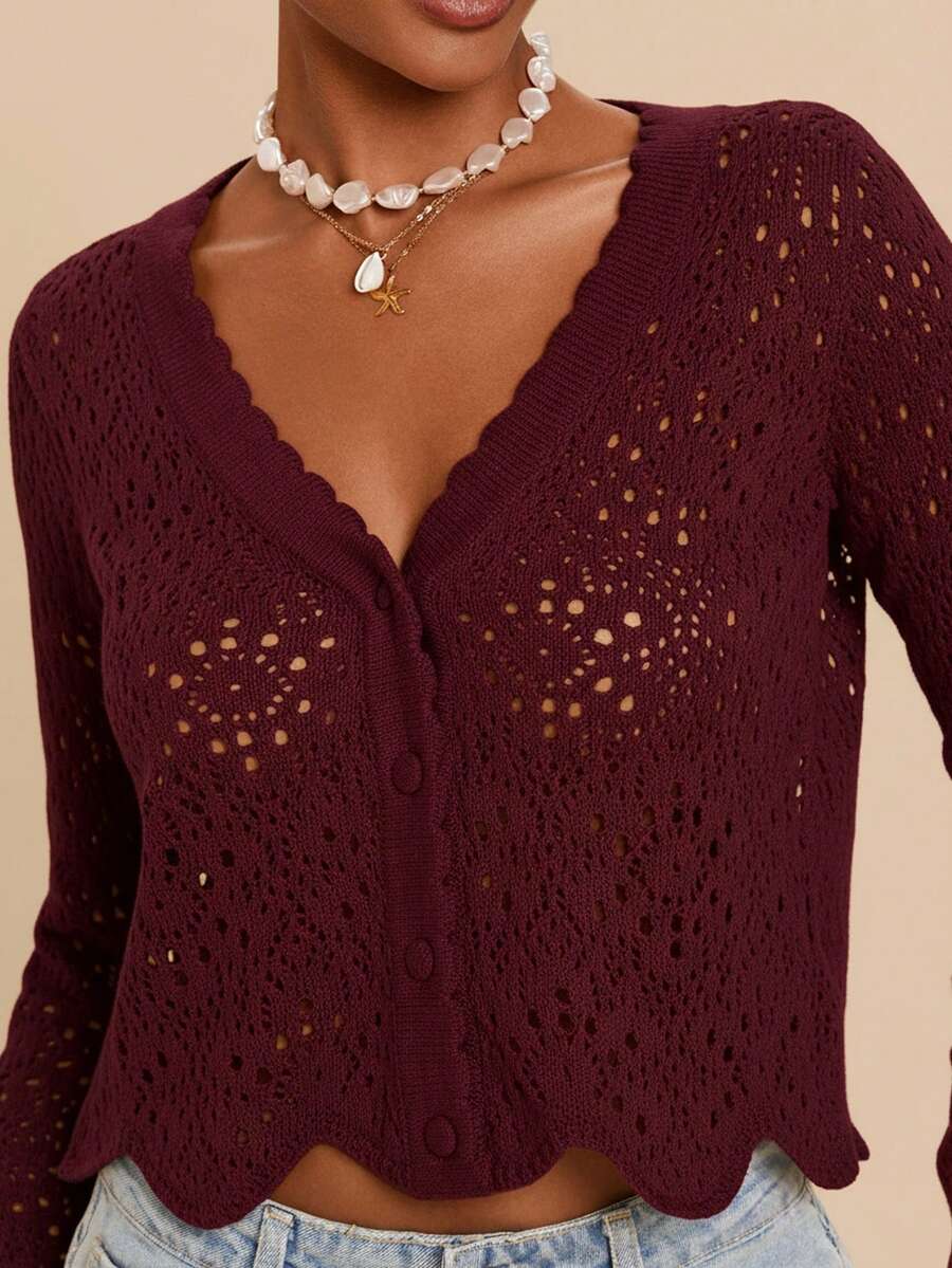 Travachic Women's Solid Color Long Sleeve Hollow Out Single Breasted Casual Knit Cardigan,Fall Women Clothes,Autumn Clothes,All White Cardigan ,Fall Outfits Women,Fall Outfits,Long Sleeve Cardigan, Commute, Minimalist, Old Money, Simple,Can Be Worn Over A T-Shirt, Oversized Cute Cardigan Sweater, Super Warm And Soft!,Long Sleeve Tops