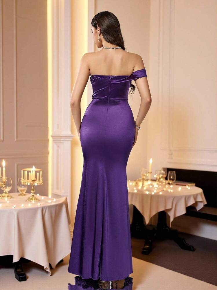 Coutiva Vestido de noche formal de mujer con hombros descubiertos, abertura alta y parches de lentejuelas elegantes - Morado - Añade 2