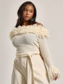 MUSERA Plus Bardot Knitted Shaggy Knit Trim Long Sleeve Top , Winter, Back To School, Cute, Everyday, Casual, Coffee Club Curve Evening Party Elegant - White - View 1
