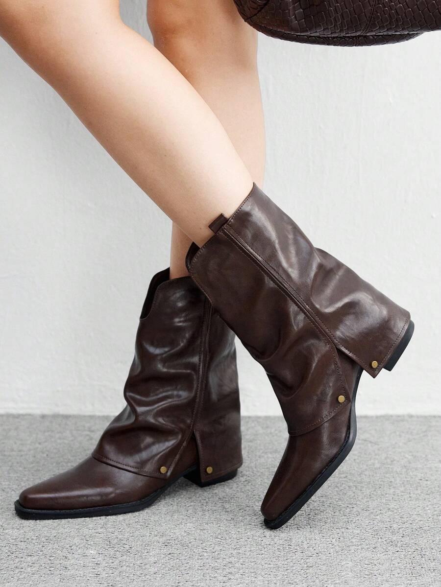 CUCCOO BIZCHIC Giày bốt cưỡi ngựa cao đến giữa bắp chân màu nâu đậm | Điểm nhấn đinh tán kép | Gót cao 5cm | Kết cấu nhăn tự nhiên | 2 đôi, kiểu dáng da sang trọng - màu nâu - Xem 1