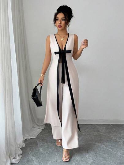 Selianne Elegant Daily Casual Sleeveless Long Top With Tie String V-Neck & Wide Leg Long Pants 2 Pieces Set For Young Women, Spring/Summer