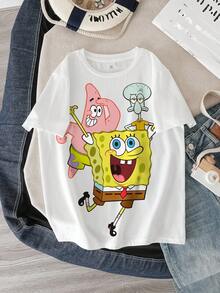SpongeBob SquarePants | SHEIN Tween Boy Casual Daily Round Neck Short Sleeve T-Shirt, Summer - White - View 1