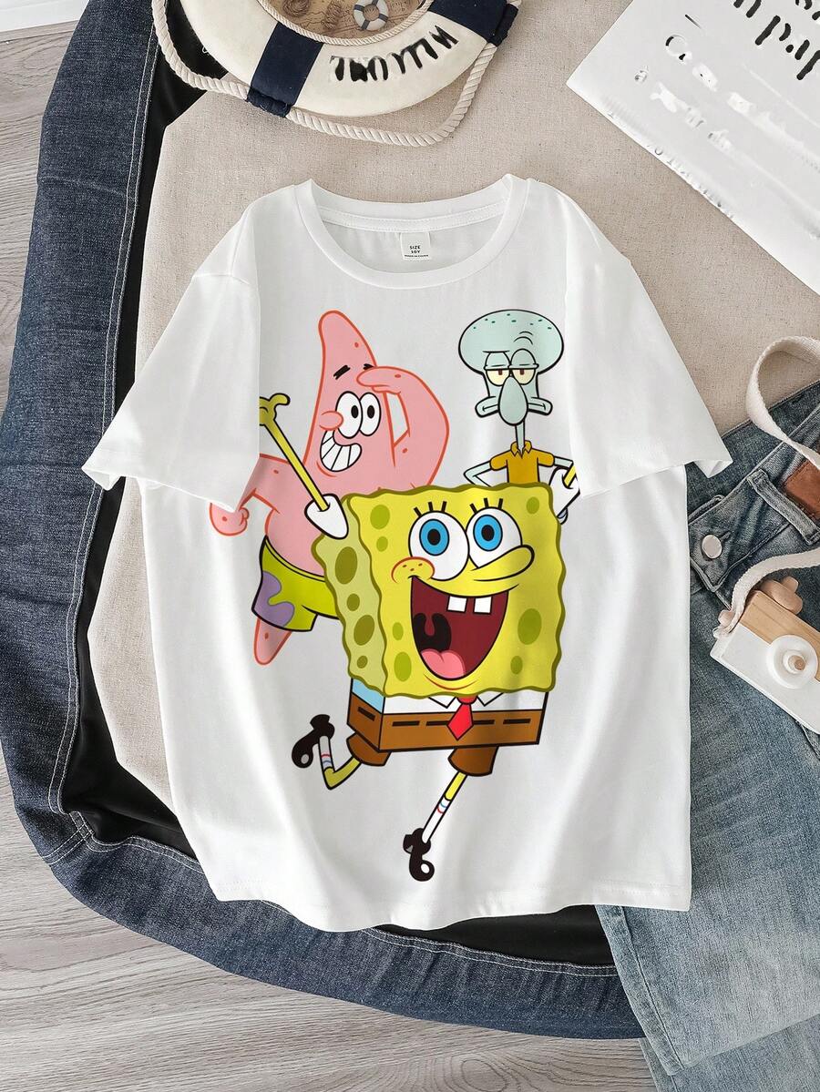 SpongeBob SquarePants | SHEIN Tween Boy Casual Daily Round Neck Short Sleeve T-Shirt, Summer - White - View 1