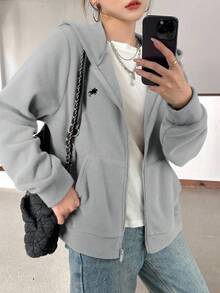 SHEIN 青少年女孩休闲宽松双面羊毛夹克，带马匹刺绣，简约学院风秋冬女童服装 - 淺灰色 - 查看 5