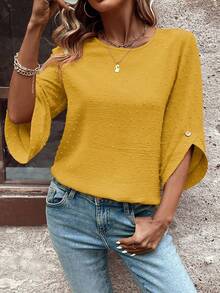 EMERY ROSE 女士休闲圣诞新年波点镂空纹理中袖不对称袖口纽扣装饰波西米亚宽松圆领衬衫，带荷叶边细节，七分袖，新年，适合冬季叠穿和办公室通勤。 - 黃色 - 查看 5