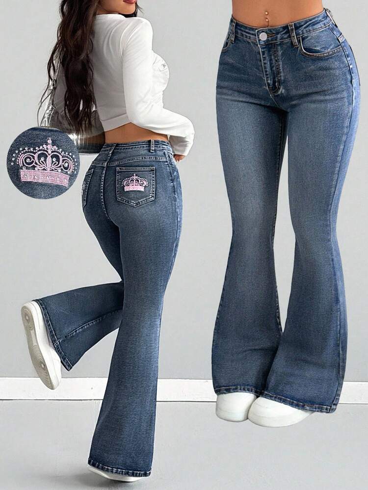 少女Y2K休闲浅色水洗优雅女王皇冠现代刺绣喇叭牛仔裤，万圣节服装，秋季，圣诞节裤装，秋冬季返校季牛仔裤，街头复古风裤装，舒适百搭，适合13-16岁女孩，适合上学、居家和旅行，刺绣喇叭牛仔裤 - 深色水洗藍 - 查看 6