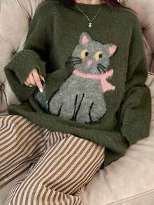 FRIFUL Women's Solid Color Round Neck Drop Shoulder Long Sleeve Cat Crochet Design Loose Casual Versatile Sweater, Autumn/Fall - Green - View 1